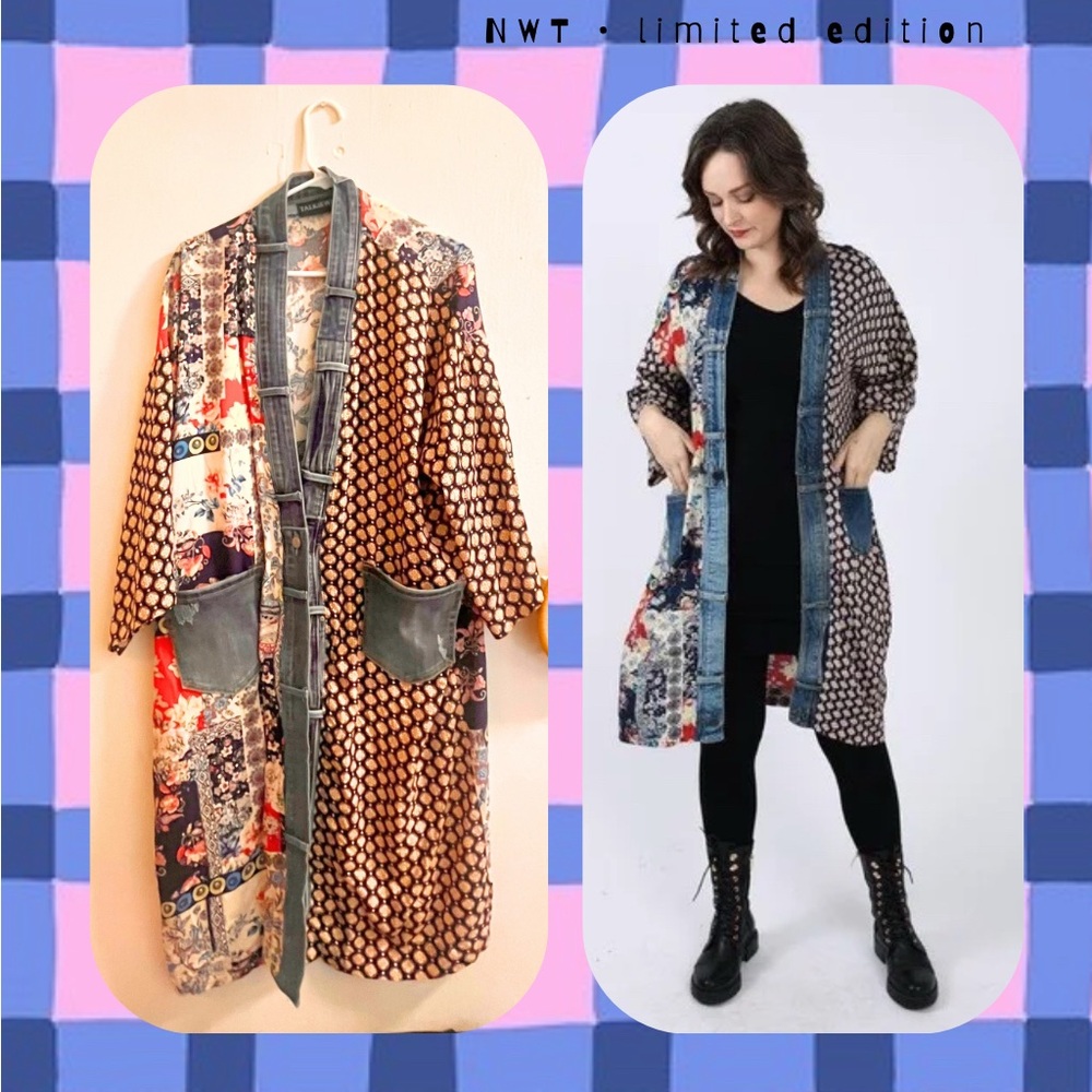 nwt🆕shannon passero denim trim mixed media patchwork boho kimono cardigan jacket